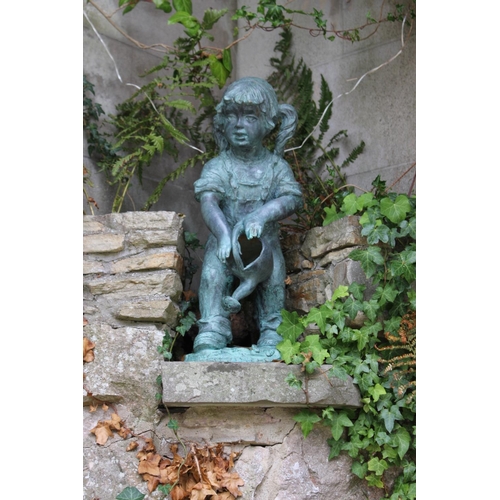 51 - Bronze figurine of a girl with a watering can { 60cm H X 25cm W X 22cm D }.