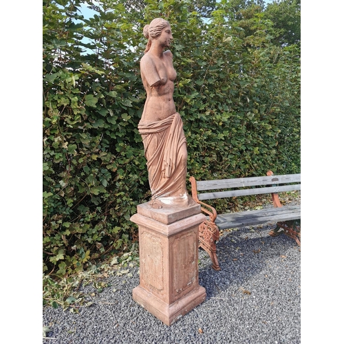 66 - Good quality moulded teracotta statue of Venus on pedestal {200 cm H x 31 cm W x 31 cm D}.