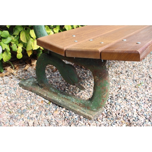 74 - Cast iron garden seat with wooden slats the supports in the form of swan's necks { 80cm H X 150cm W ... 