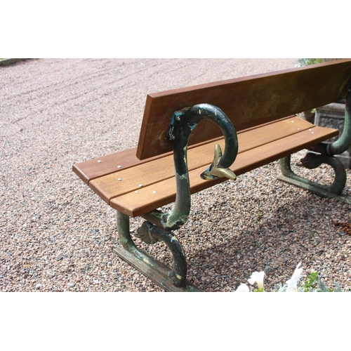 74 - Cast iron garden seat with wooden slats the supports in the form of swan's necks { 80cm H X 150cm W ... 