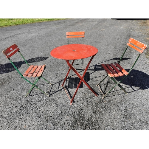 76 - 1930's metal and wood four piece garden set { Table 88cm H X 70cm Dia Chairs 82cm H X 40cm W X 34cm ... 