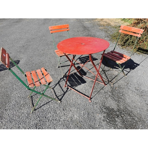 76 - 1930's metal and wood four piece garden set { Table 88cm H X 70cm Dia Chairs 82cm H X 40cm W X 34cm ... 