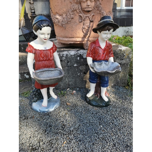 82 - Pair of early 20th. C. Cast iron figures of a Boy and a Girl in the form of bird baths { 92cm H X 31... 