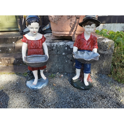 82 - Pair of early 20th. C. Cast iron figures of a Boy and a Girl in the form of bird baths { 92cm H X 31... 