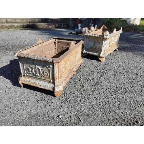 83 - Near pair of 19th. C. ornamental cast iron planters  { 37cm H X 64cm W X 33cm D }.