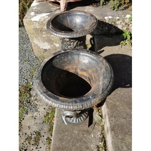 85 - Pair of ornamental cast iron garden urns { 49cm H X 38cm W }.