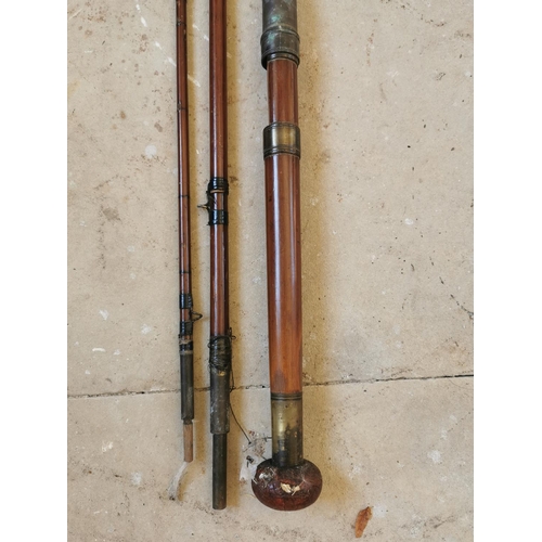 86 - 19th. C. three piece mahogany and brass fishing rod D. Duguid & Son Aberdeen. { 394cm. L }.