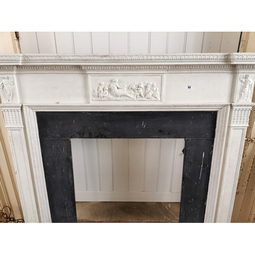 95 - Decorative 19th. C. painted pine and gesso chimney piece { 138cm H X  168cm W X 19cm D  }.