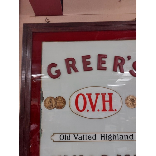 102 - Greer's OVH Whiskey framed reverse painted glass advertising sign. {98 cm H x 72 cm W}.