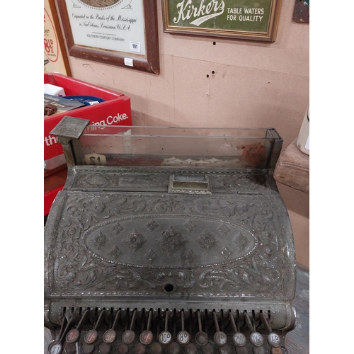 110 - 19th C. chrome National cash register  { 43cm H X 43cm W X 41cm D }.