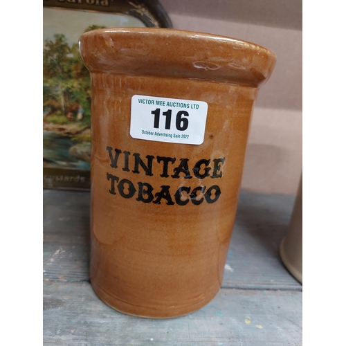 116 - Ogden's vintage stoneware lidded tobacco jar. {20 cm H x 13 cm Dia}