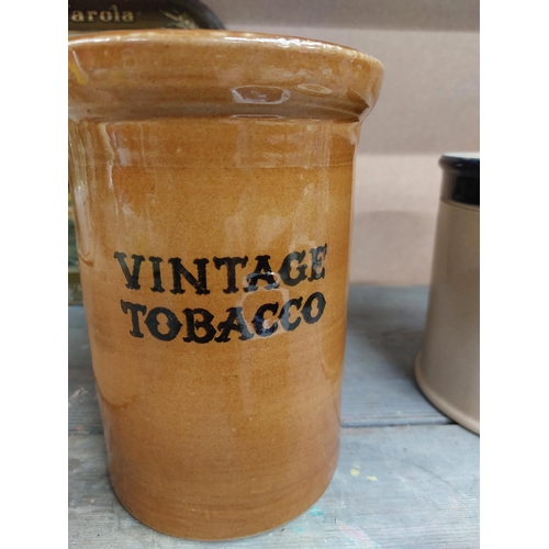 116 - Ogden's vintage stoneware lidded tobacco jar. {20 cm H x 13 cm Dia}