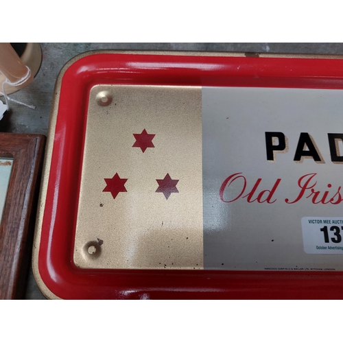 137 - Paddy Old Irish Whiskey drinks tray. {36 cm H x 19 cm W}.