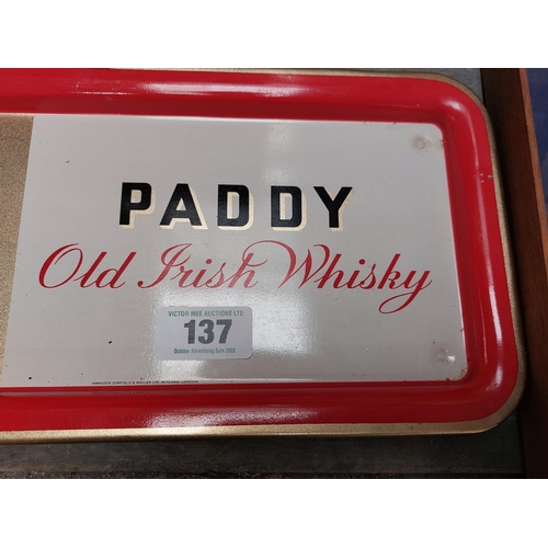 137 - Paddy Old Irish Whiskey drinks tray. {36 cm H x 19 cm W}.