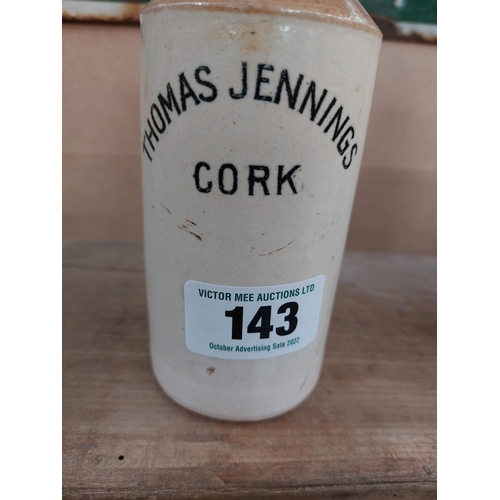 143 - Thomas Jennings Cork stoneware Ginger beer bottle. {17 cm H x 7 cm Dia}.