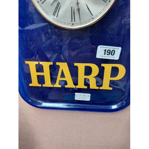 190 - Perspex Harp Lager clock {40 cm H x 27 cm W}.