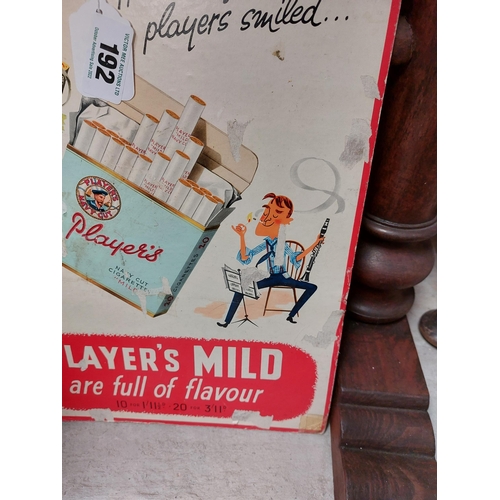 192 - Player's Mild Cigarettes Full of Flavour showcard. {40 cm H x 30 cm W}.