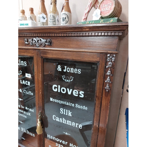 193 - Mahogany glazed display cabinet on Queen Anne legs-  Dickens and Jones Irish Lace and Gloves Regent ... 