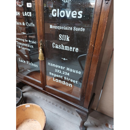 193 - Mahogany glazed display cabinet on Queen Anne legs-  Dickens and Jones Irish Lace and Gloves Regent ... 