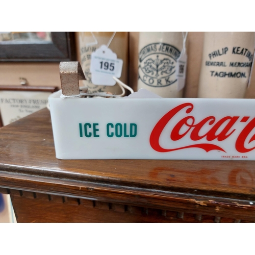 194 - Perspex Ice Cold Coca Cola Served Here light up shelf sign. {5 cm H 31 cm W x 5 cm D}.