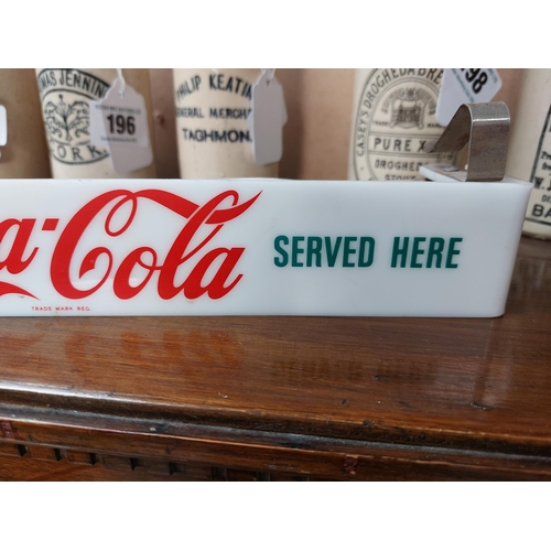 194 - Perspex Ice Cold Coca Cola Served Here light up shelf sign. {5 cm H 31 cm W x 5 cm D}.