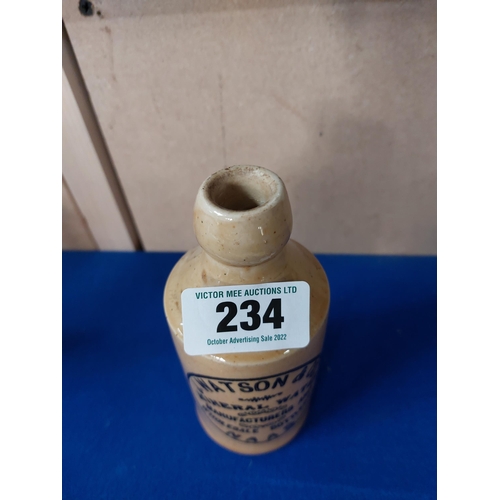 234 - J Watson and Co Naas stoneware Ginger beer bottle. {17 cm H x 7 cm Dia}.