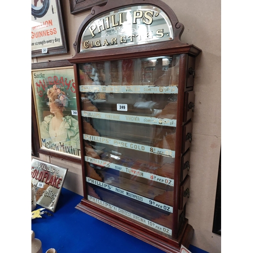 249 - Phillips's Cigarettes Mahogany dispensing cabinet.  {88 cm H x 53 cm W x 18 cm D}.