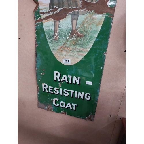 253 - Rare Phelax Rain Resisting Coat enamel advertising sign. {152 cm H x 42 cm W}.