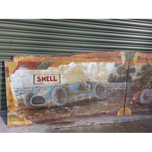 266 - Early 20th C. painted Fairground panels depicting Racing Cars wth Shell sign in the background. {90 ... 