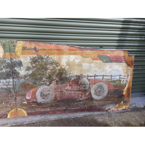 266 - Early 20th C. painted Fairground panels depicting Racing Cars wth Shell sign in the background. {90 ... 