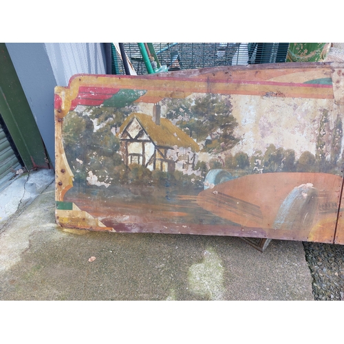 266a - Early 20th C. painted Fairground panels depicting Racing Cars with Countryside scenes. {90 cm H x 30... 