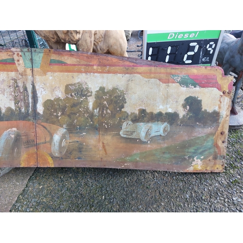 266a - Early 20th C. painted Fairground panels depicting Racing Cars with Countryside scenes. {90 cm H x 30... 