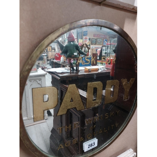 283 - Ask for Paddy The Whiskey of Age and Quality framed advertinsing mirror. {38 cm Dia}