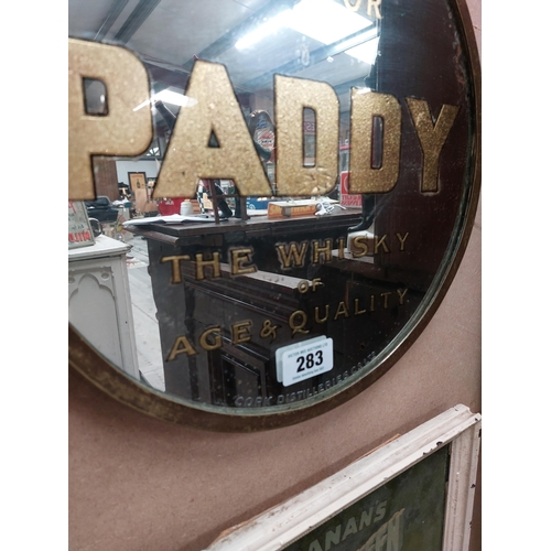 283 - Ask for Paddy The Whiskey of Age and Quality framed advertinsing mirror. {38 cm Dia}