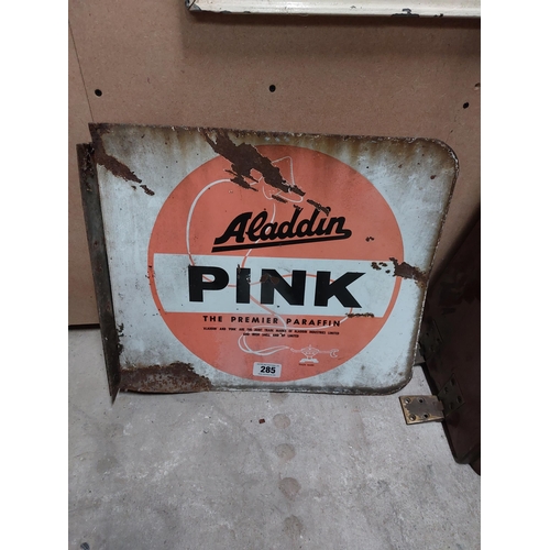 285 - Aladdin Pink Paraffin double sided enamel advertising sign. { 41 cm H x 49 cm W}.