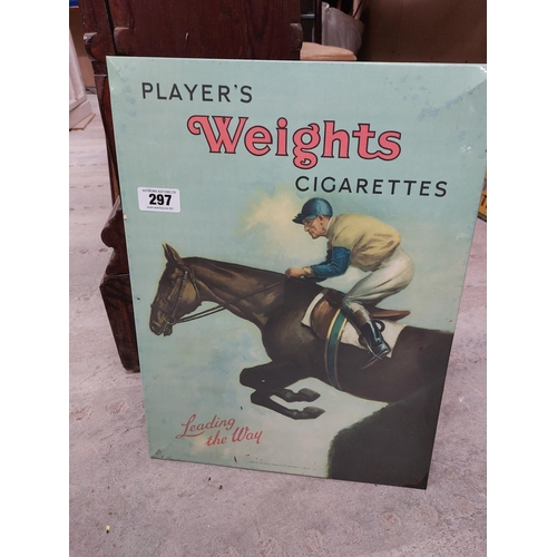 297 - Player's Weights Cigarettes pictorial celluloid advertising show card {52 cm H x 38 cm W}.