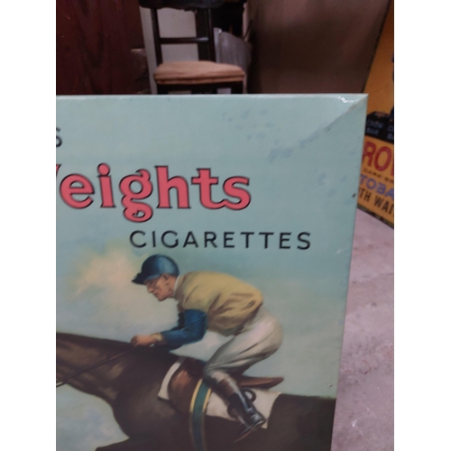 297 - Player's Weights Cigarettes pictorial celluloid advertising show card {52 cm H x 38 cm W}.