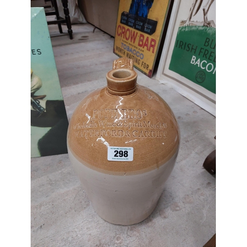 298 - Three gallon Pope Bros Waterford and Cardiff  stoneware flagon. {42 cm H x 24 cm Dia}.