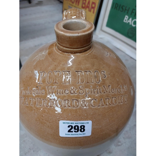 298 - Three gallon Pope Bros Waterford and Cardiff  stoneware flagon. {42 cm H x 24 cm Dia}.