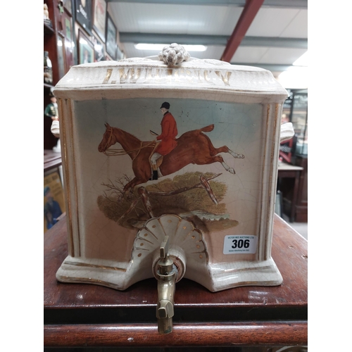 306 - Irish Whiskey ceramic barrel with original brass top decorated with Hunting Scenes. {30 cm H x 30 cm... 