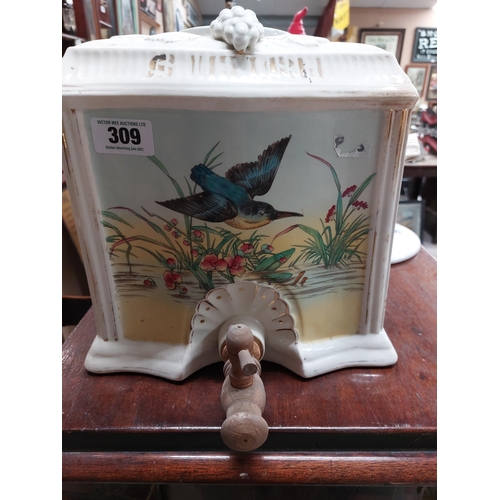 309 - 19th C. ceramic Irish Whiskey dispenser decorated with kingfisher and foliage. {30 cm H x 33 cm W x ... 