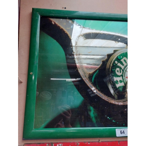 64 - Heineken Lager mirrored glass advertisement. {23 cm H x 65 cm W}