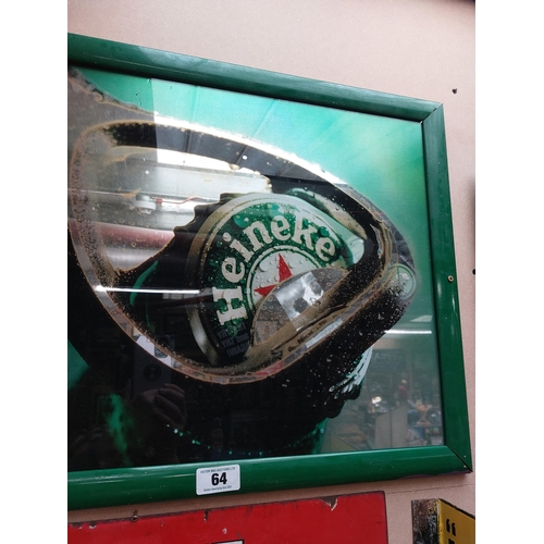 64 - Heineken Lager mirrored glass advertisement. {23 cm H x 65 cm W}