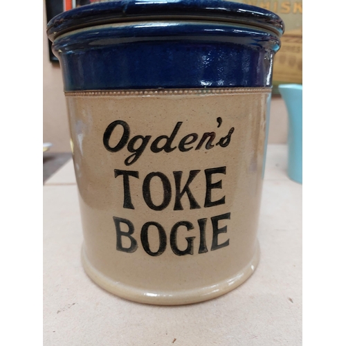 69 - Early 20th C. Stoneware Ogden's Toke Bogie lidded Tobacco Jar. {17 cm H x 15 cm Diam}