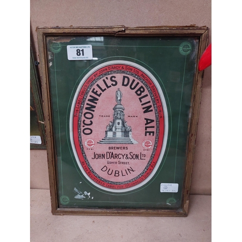 81 - O'Connells Ale of Dublin John Darcy and Son Usher Street Dublin framed showcard. {28 cm H x 13 cm W}... 