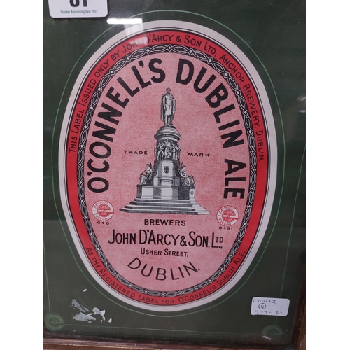 81 - O'Connells Ale of Dublin John Darcy and Son Usher Street Dublin framed showcard. {28 cm H x 13 cm W}... 