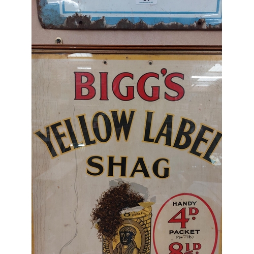 88 - Bigg's Yellow Label Shag Lasts and Satisfies framed showcard. { 77 cm H x 51 cm W}.