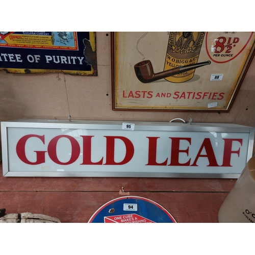 95 - Rare Gold Leaf hanging light up advertising sign {20 cm H x 94 cm W x 15 cm D}.