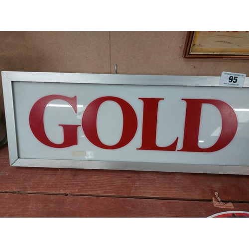 95 - Rare Gold Leaf hanging light up advertising sign {20 cm H x 94 cm W x 15 cm D}.