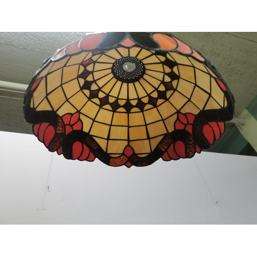 1002 - Stained leaded glass hanging ceiling light in the Tiffany style. { 22cm H X 40cm Dia }.